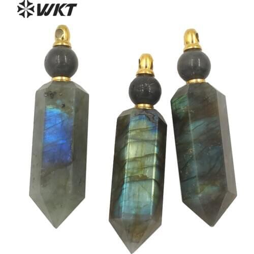 WT-P1618 Wholesale Women Green Perfume Bottle Pendant Flashing Natural Labradorite Hexagon Cube Spirit Point Pendant