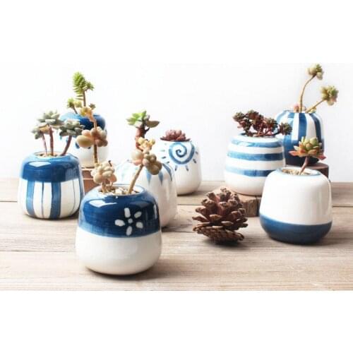 Japanese Design Ceramic Succulent Plant Pots Handmade Porcelain Azure Color Hand-painted Household Decorative Flower Pots