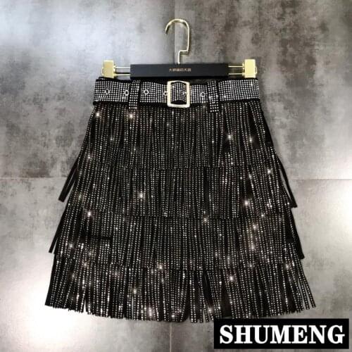 2021 New Spring Heavy Drilling Rhinestones Fringed Skirt with Belt Womens High Waist Multi Layer Short Cake Skirts
