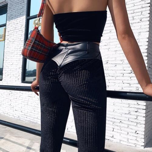 Women Winter Bandage PU Stitching Corduroy Pants High Waist Bodycon Boot Cut Trousers Female Streetwear Punk Pencil Knit Pants