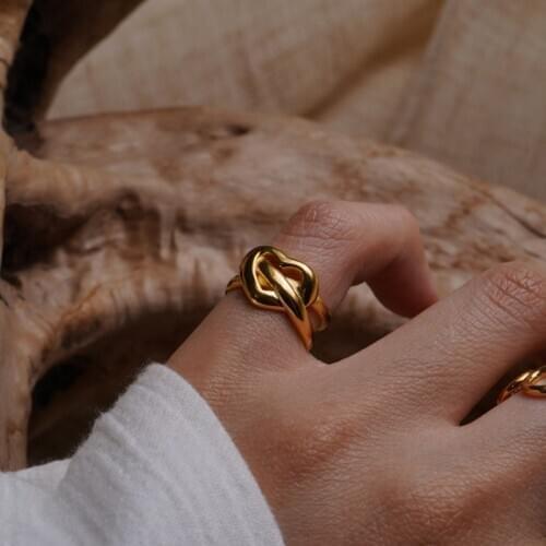 2021 Korean Retro Temperament Adjustable Hollow Metal Interlaced Love Heart Ring 14k Gold Steel Color for Female Charm Jewelry