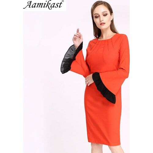 Women Dress 2021 New Autumn Winter Flare Sleeve Casual Work Business Office Party Fitted Bodycon Pencil Sheath Slim