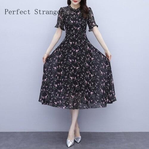 2021 Summer New Arrival M-5XL Stand Collar Flower Printed Collect Waist Flare Sleeve Women Chiffon Long Dress