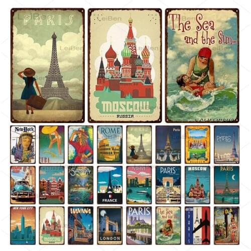 Famous Travel City Vintage Metal Tin Sign Paris New York Cartoon Landscape Metal Plaque Retro Art Poster Bar Pub Club Decoration