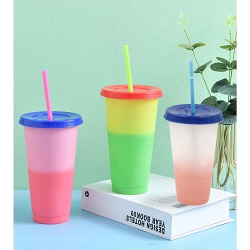 1PCS Color Changing Cold Drink Cups Reusable Transparent Temperature-Sensitive Plastic Colorful Coffee Cup with Lids and Straws