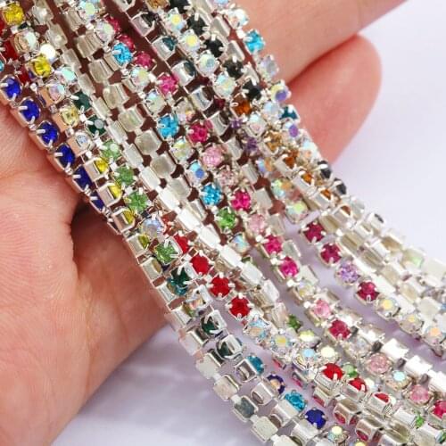 100cm/Lot SS6 SS8 SS10 SS12 Colorful Crystal Rhinestone Chain Silver Base Claw Glue Sewing On Rhinestone Trim For Garment Craft
