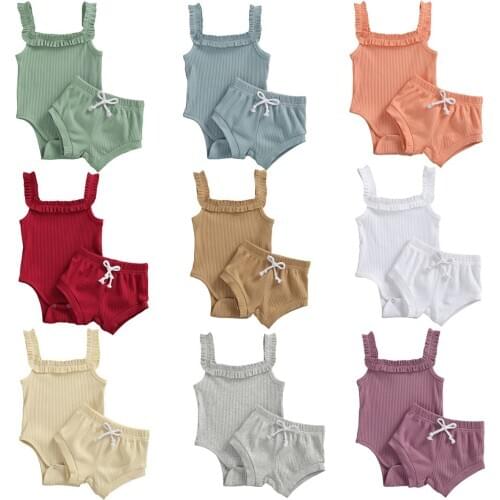 2021 Baby Summer Clothing Casual Baby Girls Solid Color Clothes Sleeveless Ribbed Romper + Pants 2 Pieces Summer Short Sets