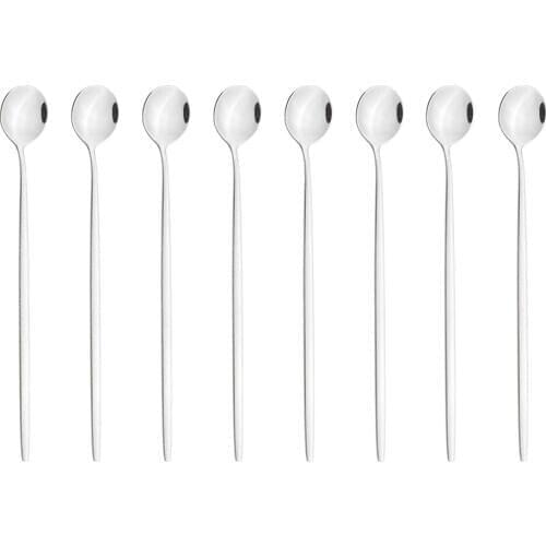 8Pcs Long Handle Spoons Dinnerware Stainless Steel Flatware Set Tea Spoons Dessert Coffee Ice Cream Spoons Bar Accessories Tools