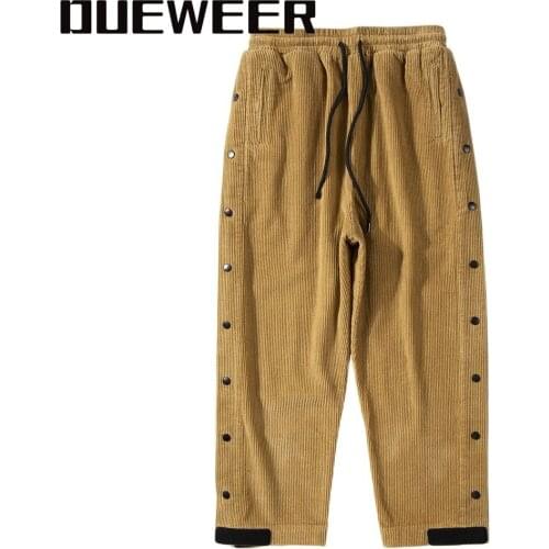 Dueweer Men Autumn Winter Corduroy Pants Side Buttons Velcro Closure Trousers Straight Khaki Black Hip Hop Streetwear Sweatpants