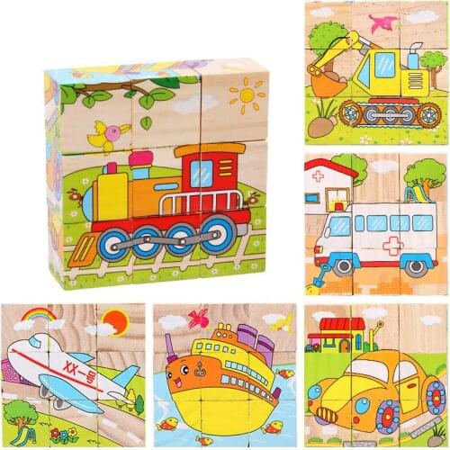 Baby Wooden Block Toys Animal Fruit Traffic Cognize Early Learning Educational Toys For Children Six Side 3D Cube Jigsaw Games
