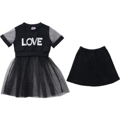 FOCUSNORM Fashion Kids Girls Clothes Sets 2pcs LOVE Letter Printed T-shirt Dress Black Mesh+Shorts 1-6Y