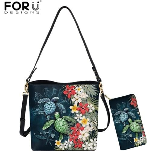 FORUDESIGNS Hot Selling Bucket Handbag For Women 2pcs Set Hawaiian Sea Turtle Hibiscus Floral Print Lady Crossbody Sac Purse
