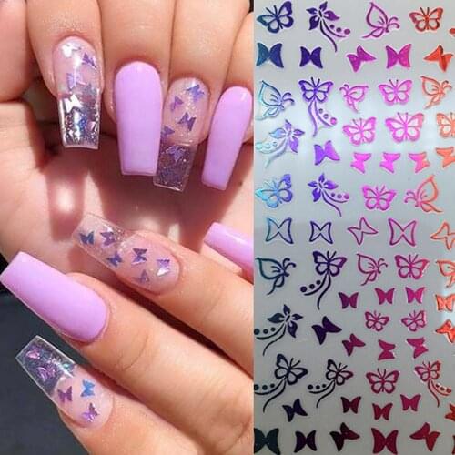 1PC Holographics 3D Butterfly Nail Art Stickers Adhesive Sliders Colorful DIY Golden Nail Transfer Decals Foils Wraps Decoration
