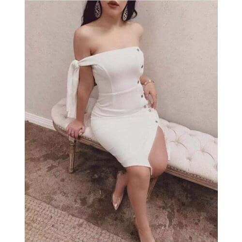 Hot Sale Sexy Off Shoulder White Black Buttons Dresses Women Summer Dress Knitted Elegant Designer Party Rayon Bandage Dress