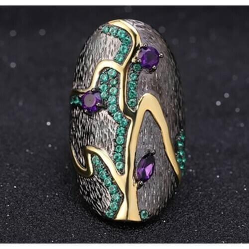 Huitan Black Punk Ring for Women Newly Design Diverse Zircon Color Female Party Accessories Cool Daily Wear Hot Jewelry Size5-12