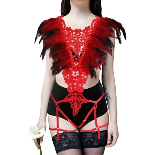 Red Gothic Sexy Feather Hollow Out Lace Strap Set Erotic BDSM Bondage Body Harness Lingerie Bride Garter Belt Fetish Clothing
