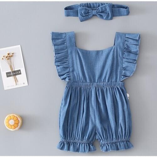 Baby Girl Summer Clothing Newborn Ruffles Baby Girl Jumpsuit Clothes Blue Baby Bodysuit + Headband 2pcs/set Outfits