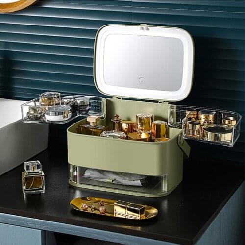 New Cosmetic Storage Box With Mirror Led Light Desktop Makeup Organizer Case Dust-Proof Drawer Type Organizer for Cosmetics