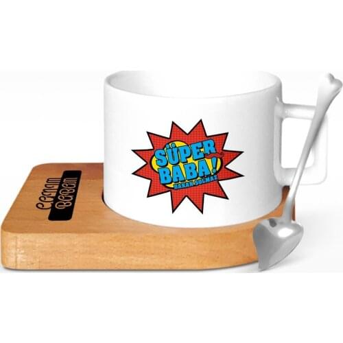 Personalized Super Dad Design Wood Altlıklı Ceramic Cup-4