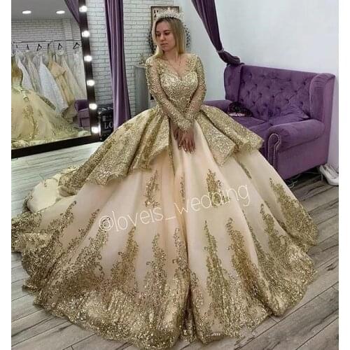 Princess Gold Quinceanera Dresses Long Sleeves Applique Beading Sweet 16 Dress Pageant Gowns vestidos de 15 años 2021