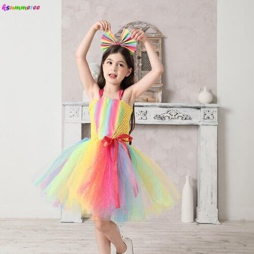 Stunning Rainbow Princess Tulle Tutu Dress Girls Children Sparkly Birthday Party Pageant Costume Kids Candy Ball Gown Vestidos