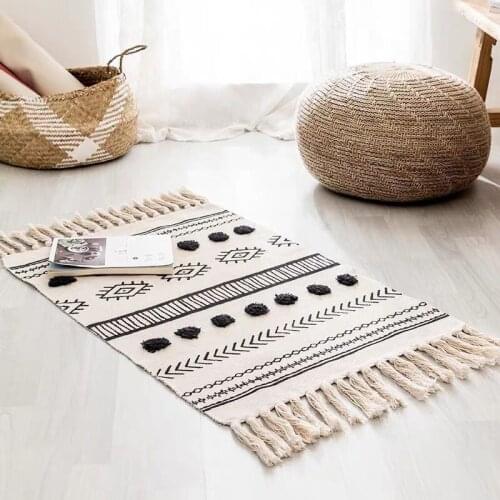Retro Bohemian Hand Woven Cotton Linen Carpet Tassel Rug Geometric Floor Mat Bedroom Tapestry Decorative Blanket Area Rug