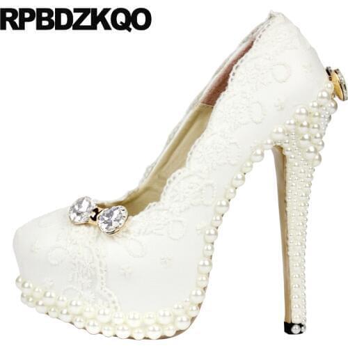 Bridal High Heels Plus Size Pumps Stiletto Crystal White Pearl Women Platform Lace Diamond Rhinestone Ivory Wedding Shoes 3 Inch