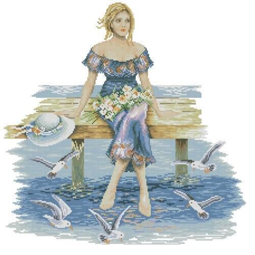 Top Quality premium nostalgic counted cross stitch kit flower girl lady woman at sea with seagull Lanarte 34868