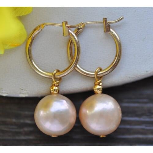 Z10213 12mm Round Pink Edison Keshi Pearl Dangle Earring