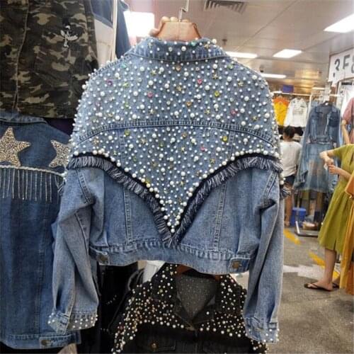 Heavy Work Pearl Beaded Rivet Tassel Short Blue Denim Jacket Spring 2021 Vintage Long sleeve Jeans Jacket Female Cropped Outwear