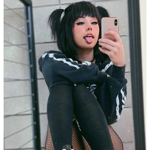 Y166 Women Punk Cropped Hoodies Harajuku Breastbone Printed Long Sleeve Sweatshirt