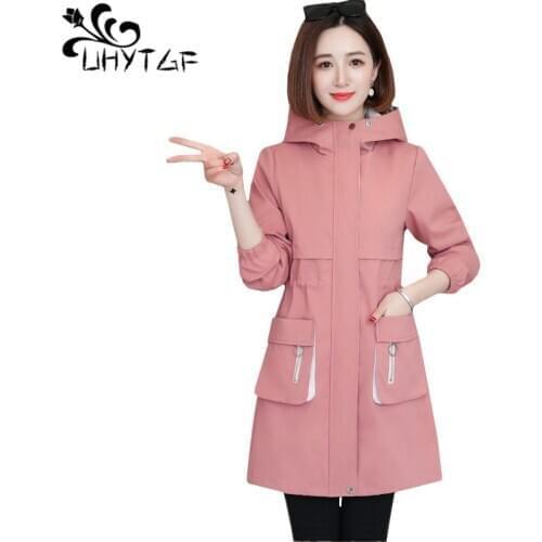 UHYTGF Trench coat for women fashion hooded spring autumn windbreaker female solid color wild slim Plus size coats Genuine 1321