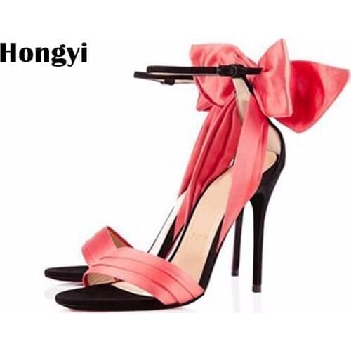 Hongyi Hot Cute Satin Thin High Heel Ankle Strap Women Sandals Gladiator High Heels Cover Heel Back Bowtie Women Shoes