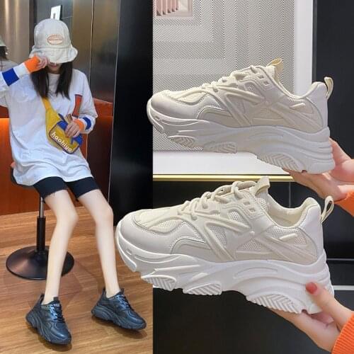 2021 Women Lace Up White Sneakers Women High Platform Comprehensive Training Shoes Dad Chunky Sneakers Casual Black Shoes