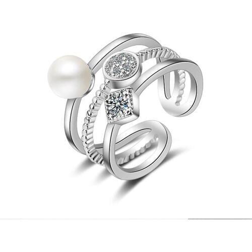 Fashion 925 Sterling Silver Rings For Women Trendy Multi-layer Pearl Mosaic CZ Zircon Resizable Rings bague femme bijoux
