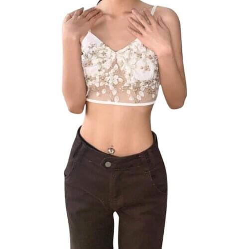 Women Close-fitting Sexy Camisole White Floral Embroidery Pattern V-neck Crop Tops