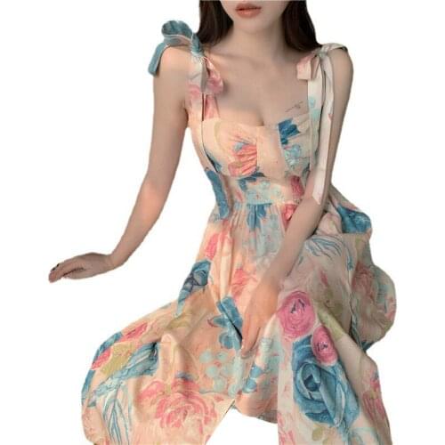 Summer Dress Strap Dress Polyester Thick Shoulder Strap Retro Floral Printting Long Dress For Summer Платье Летнее Женское 2021