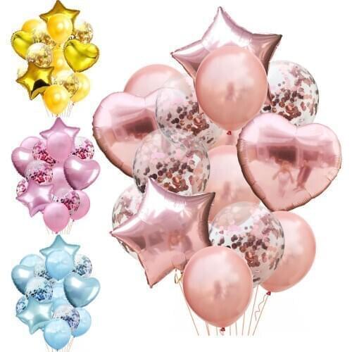14pcs MIX Heart Star Round Balloons DIY Latex Foil Confetti Ballons Set Kids Birthday Valentines Day Wedding Party Garden Decor