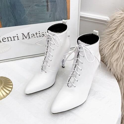 High Heel Boots Sexy Leather Women Winter 2020 Shoes Fashion Ladies Lace Up Pointed Toe Ankle Boots Booties Female Casual Shoes