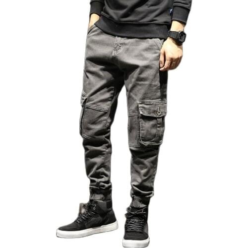 Denim Jeans men 2020 spring autumn grey mens pants brand solid color fashion trousers big pocket beam men overalls cargo jean