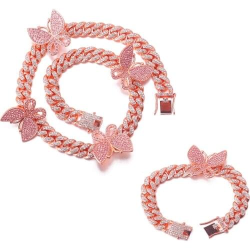 Hip Hop Iced Out 12MM Full Paved Rhinestones Miami Curb Butterfly Cuban CZ Necklace Bracelet For Men Women Jewelry