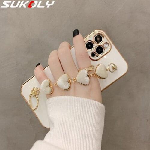 Plating Square Love Heart Chain Wrist Bracelet Phone Case For iPhone 12 11 Pro Max X XS XR 7 8 Plus Bumper Cover For iPhone 11