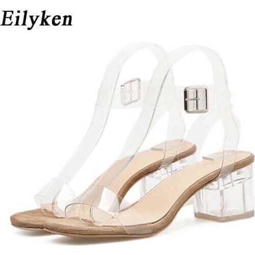 Eilyken 2021 PVC Jelly Sandals Crystal Leopard Open Toed High Heels Women Transparent Heel Sandals Slippers Square heel zapatos
