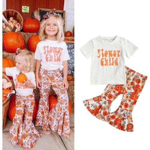 FOCUSNORM Summer Lovely Infant Girls Clothes Sets 2pcs Letter Short Sleeve T Shirts Sunflowers Flare Pants 2-7Y