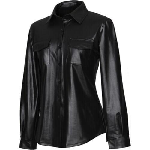 Pu Leather Blouses Women Sexy Long Sleeves Buttons Womens Tops and Blouses Ladies Streetwear Casual Chic Shirts