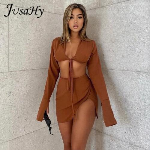 JuSaHy Y2K Side Slit Two Piece Set Women Summer Sexy Cleavage Ribbon Lace Up Flare Sleeves V-Neck Hot Female Streetwear Outfits