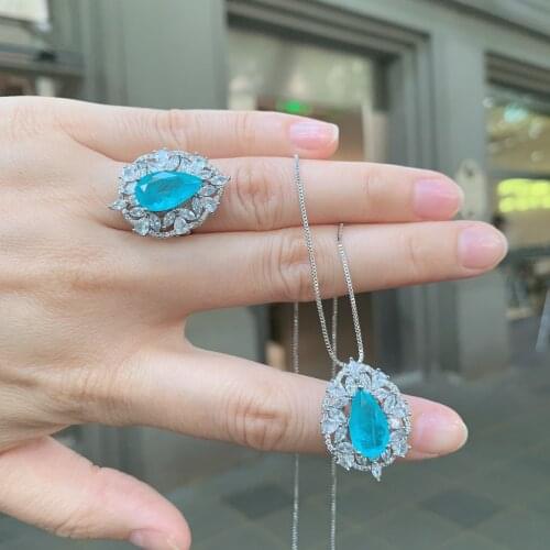 QTT Luxury Paraiba Tourmaline Gemstone Jewelry Sets Water Drop Wedding Jewelry Set For Women Pendant Necklace Ring Gift