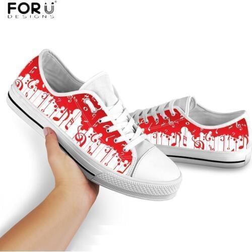 FORUDESIGNS Music Notes Pattern Red Canvas Shoes Casual Low Top Colorful Print Flat Sneakers Spring/Autumn Music Shoes for Women