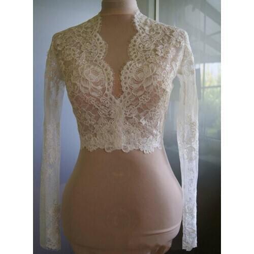 Fashion White Ivory Custom Bridal Wedding Wraps Jacket Cheap Designer Lace Long Sleeves V neck Style Romantic Wedding Bolero