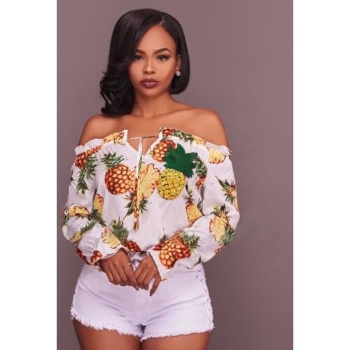 Fashion Women Floral Casual Loose Blouse Off Shoulder Long Sleeve Pineapple Print Tops Casual Loose Shirt